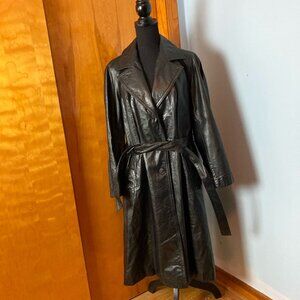 Gorgeous Vintage Black Leather Trench Size 16 1/2 Spygirl Goth Office Daily Wear